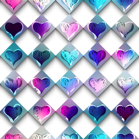 Seamless background pattern. Sketch doodles hearts on checkered background.のイラスト素材