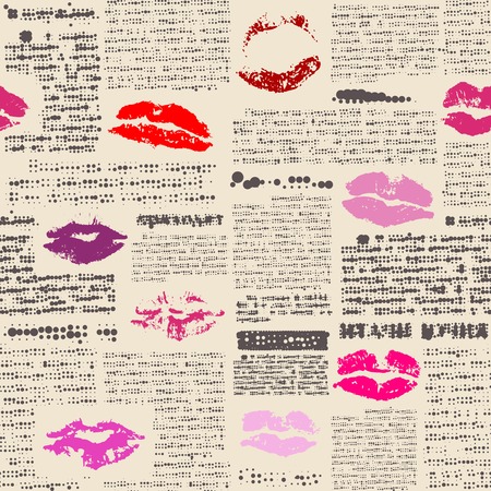 Seamless background pattern. Imitation of newspaper with the lips printsのイラスト素材