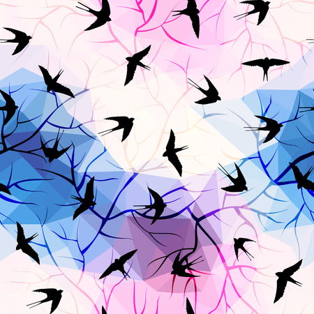 Swallows on geometrical background with branches. Seamless pattern.のイラスト素材