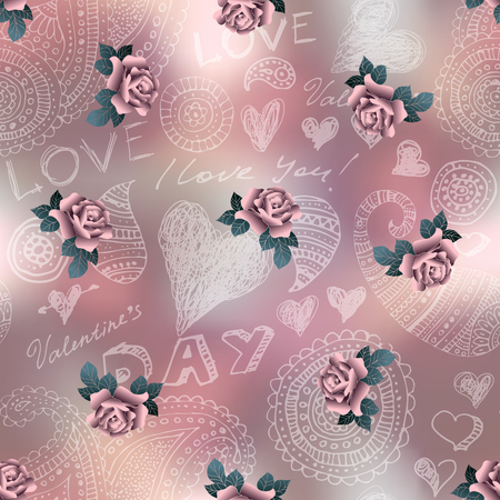 Seamless background pattern. Doodles Valentines day pattern on blur background and roses.のイラスト素材