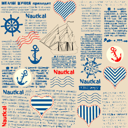 Imitation of newspaper in nautical style with grunge elements. Text is unreadable. Seamles background pattern.のイラスト素材
