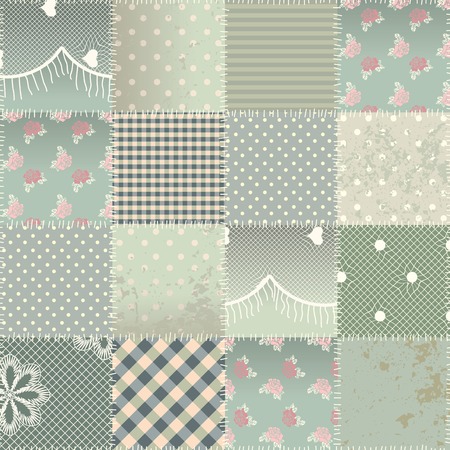 Seamless background pattern. Will tile endlessly. The  patchwork quilt in shabby chic style with grunge elements.のイラスト素材