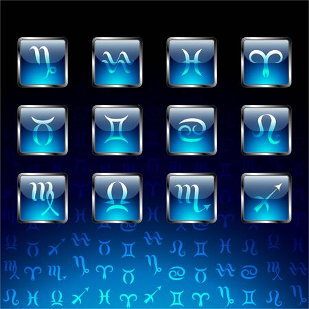 Signs of zodiac on glossy icons and navy blue background.のイラスト素材