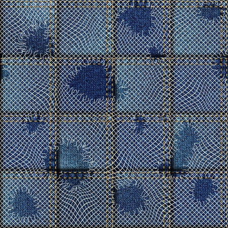 Seamless background pattern. Patchwork of denim fabric with cheesecloth.