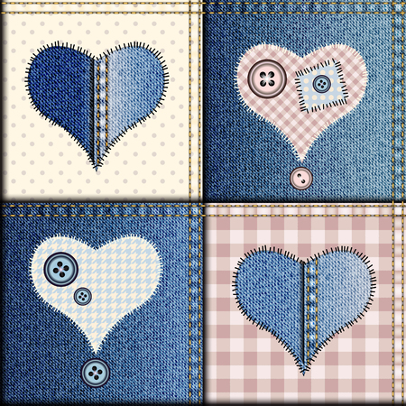 Seamless background pattern. Patchwork of denim fabric with applique of hearts.のイラスト素材