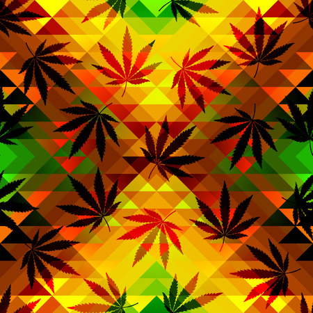 Seamless pattern of the hemp leaves on geometric background.のイラスト素材