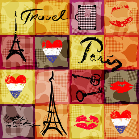 Seamless background pattern. Collage in retro scrapbooking style with original inscriptions word of Paris.のイラスト素材