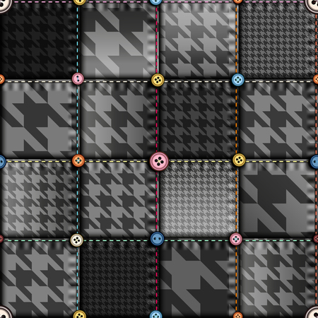 Seamless background pattern. Patchwork with hounds-tooth geometric pattern and buttons.