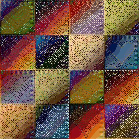 Seamless background pattern. The Patchwork with embroidery of hearts.