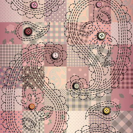 Seamless background pattern. Pink patchwork background with a paisley embroideryのイラスト素材