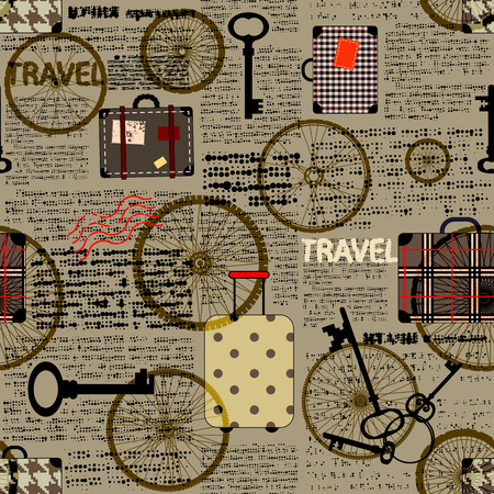 Seamless background pattern. newspaper with a suitcases and word travel. Text is unreadable.のイラスト素材
