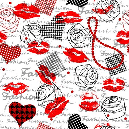 Imitation of retro collage with the inscription of Fashion and print of lipstick.. Seamless pattern.のイラスト素材