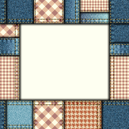 Bordered background of denim fabric texture in patchwork style.のイラスト素材