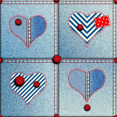 Seamless background pattern. Patchwork of denim fabric in nautical style with the heartsのイラスト素材