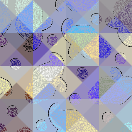 Seamless background pattern. Paisley ornament on geometric background.のイラスト素材