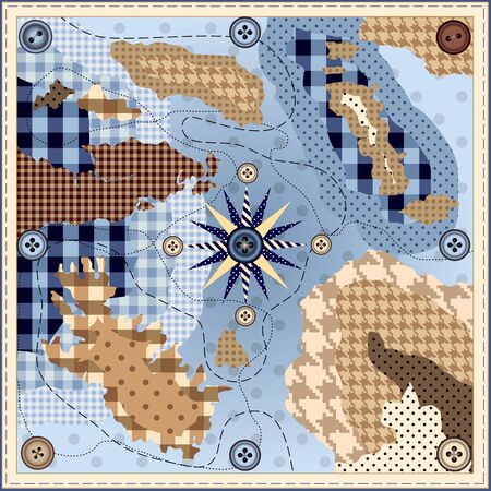 Design square neckerchief. Imitation of a geographical map in the style of Patchworkのイラスト素材