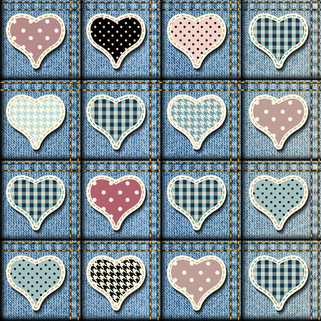 Seamless background pattern. Patchwork of denim fabric with the hearts.のイラスト素材
