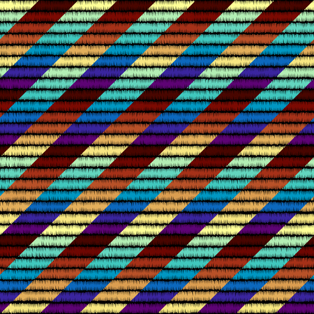 Imitation of geometric embroidery pattern. Colored lines on a black background. Ethnic and tribal motifs. Seamless vector background in the bohemian style.のイラスト素材