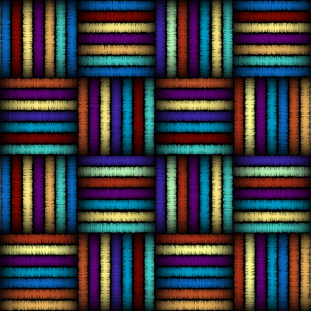 Imitation of geometric embroidery pattern. Colored lines on a black background. Ethnic and tribal motifs. Seamless vector background in the bohemian style.のイラスト素材