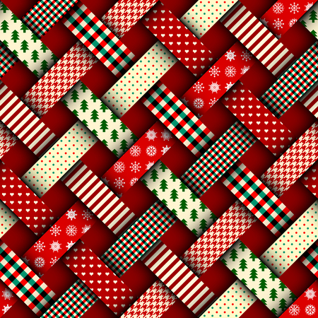 Seamless Christmas background in patchwork style. Interweaving ribbons with Christmas patterns on red background.のイラスト素材