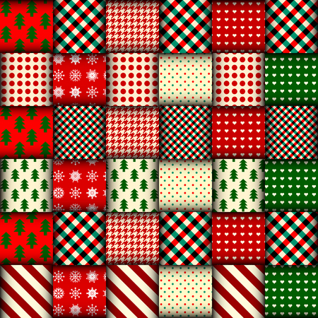 Seamless Christmas background in patchwork style. Interweaving ribbons with Christmas patterns on red background.のイラスト素材