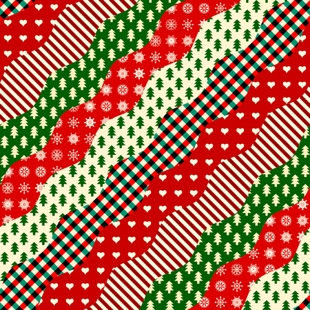 Seamless Christmas background in patchwork style. Diagonal wavy shapes.のイラスト素材