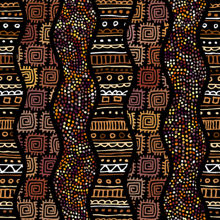 Ethnic boho seamless pattern in african style on black background. Tribal art print. Irregular polka dots pattern.のイラスト素材