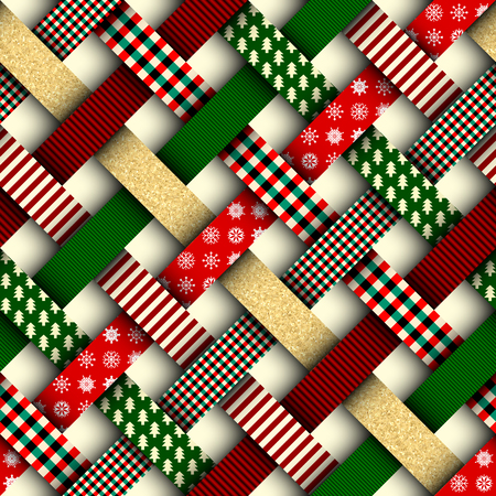 Seamless Christmas background in patchwork style. Interweaving ribbons with Christmas patterns on red background.のイラスト素材