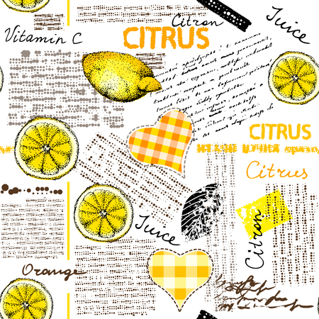 Seamless background pattern. Imitation of halftone newspaper with citrus and lemons.のイラスト素材