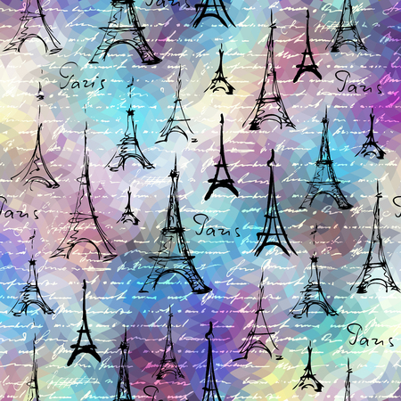 Seamless background pattern. Imitation of a vintage scrapbook collage with a Paris lettering.のイラスト素材