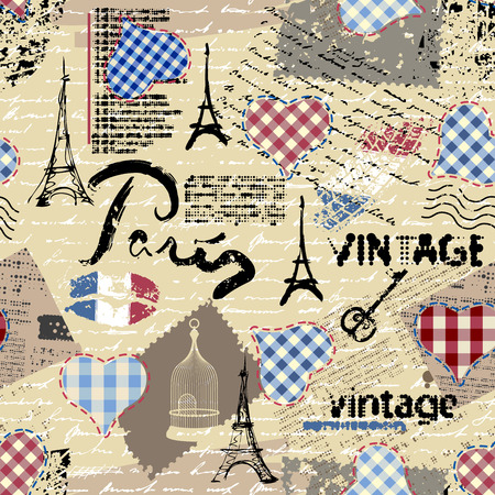 Seamless background pattern. Imitation of a vintage scrapbook collage with a Paris lettering.のイラスト素材
