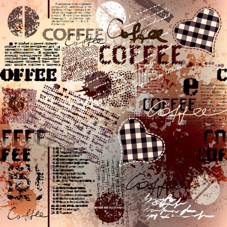 Coffee abstract coffee pattern on brown background with a lettring. Seamless pattern.のイラスト素材