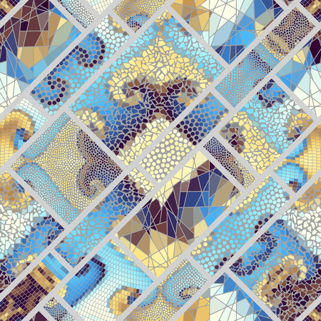 Seamless background pattern. Mosaic art pattern of rectangles of different tile textures.のイラスト素材
