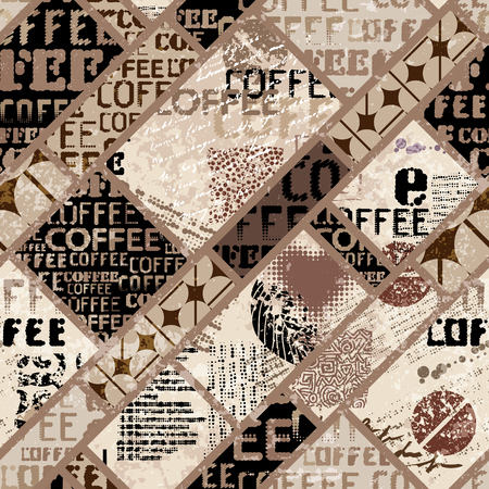 Coffee. Abstract coffee pattern on brown background with coffee lettering. Seamless pattern.のイラスト素材