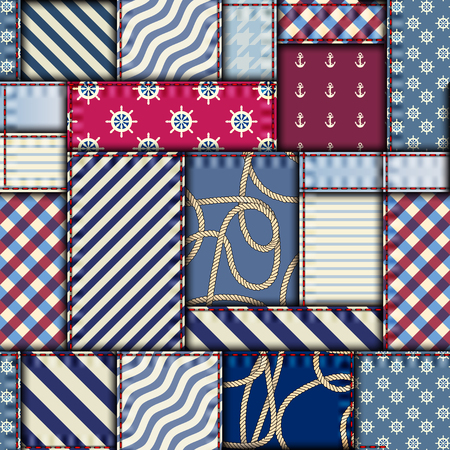A Seamless vector pattern. Patchwork of classic Nautical style patterns. Vector image.のイラスト素材