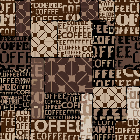 Coffee. Abstract coffee pattern on brown background with a lettering. Vector image.のイラスト素材