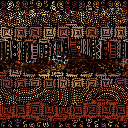 Tribal boho seamless pattern in african style on black background. Tribal art print. Irregular polka dots pattern. Vector image.のイラスト素材