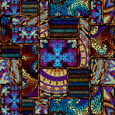 Seamless background pattern. Mosaic art pattern of rectangles shapes of different tile textures. Pattern in a patchwork collage style. Vector image.のイラスト素材