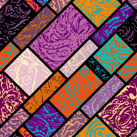 Seamless background pattern. Grunge paisley pattern in collage patchwork style. Ethnic indian style.のイラスト素材