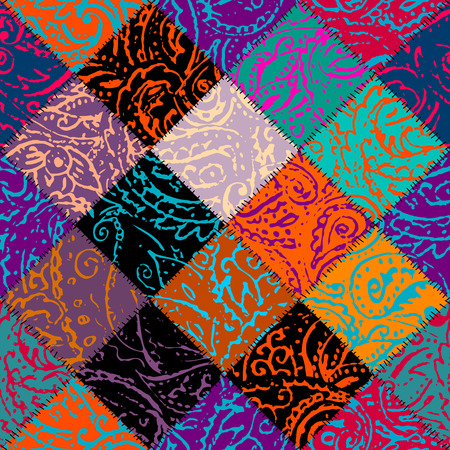 Seamless background pattern. Grunge paisley pattern in collage patchwork style. Ethnic indian style.のイラスト素材