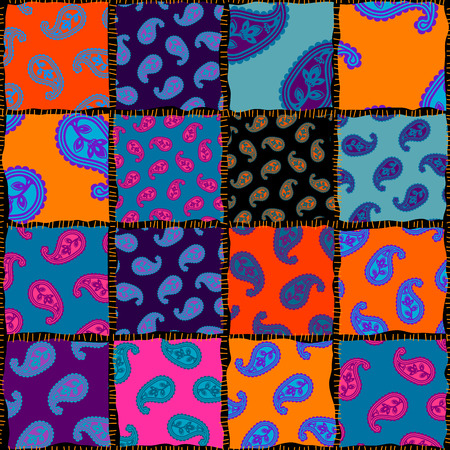 Seamless background pattern. Patchwork pattern with Paisley ornament patterns. Bright magenta and...
