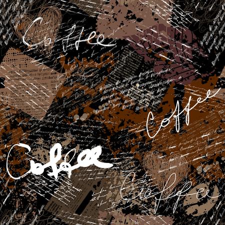 Coffee. Abstract coffee pattern on brown background with a lettring. Vector image.のイラスト素材