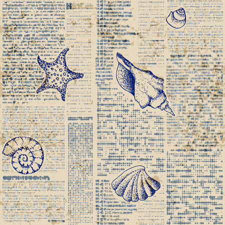 Seamless pattern. Grunge newspaper pattern and hand draw in marine style. Vector illustration.のイラスト素材