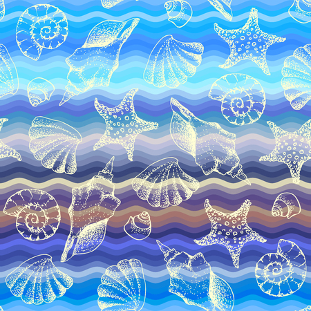 Seamless pattern. Blue waves pattern and hand draw in marine style. Vector illustration.のイラスト素材