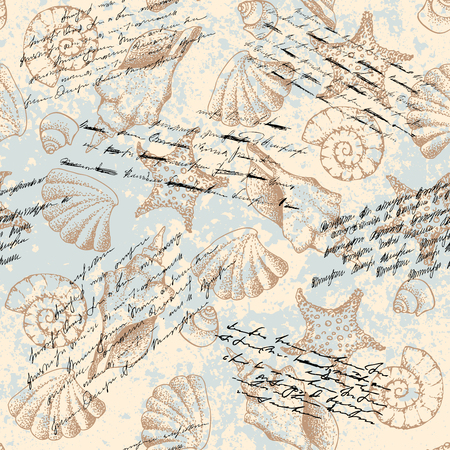 Seamless pattern. Grunge hand draw in retro marine style. Vector illustration.のイラスト素材