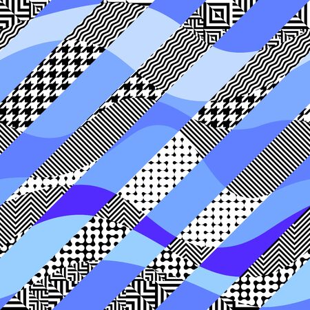 Seamless pattern. Blue diagonal strikes in geometric collage style. Vector image.
