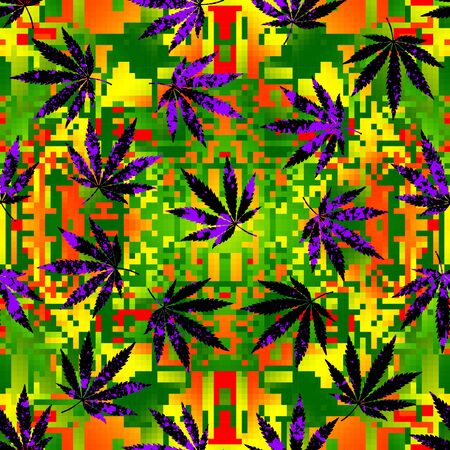 Seamless background pattern. Rastafarian chevron pattern and grunge hemp leaves.のイラスト素材