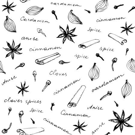 Seamless pattern with sketches of spices. There are cinnamon, anise, cardamom and clove. Vector image.のイラスト素材