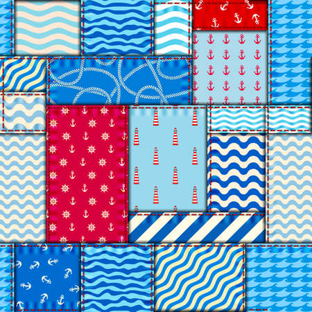 Patchwork seamless pattern in marine style. Art seamless background.のイラスト素材