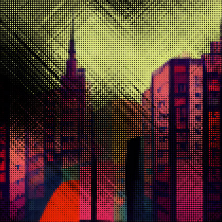 Abstract cityscape halftone dots background. Vector illustrationのイラスト素材